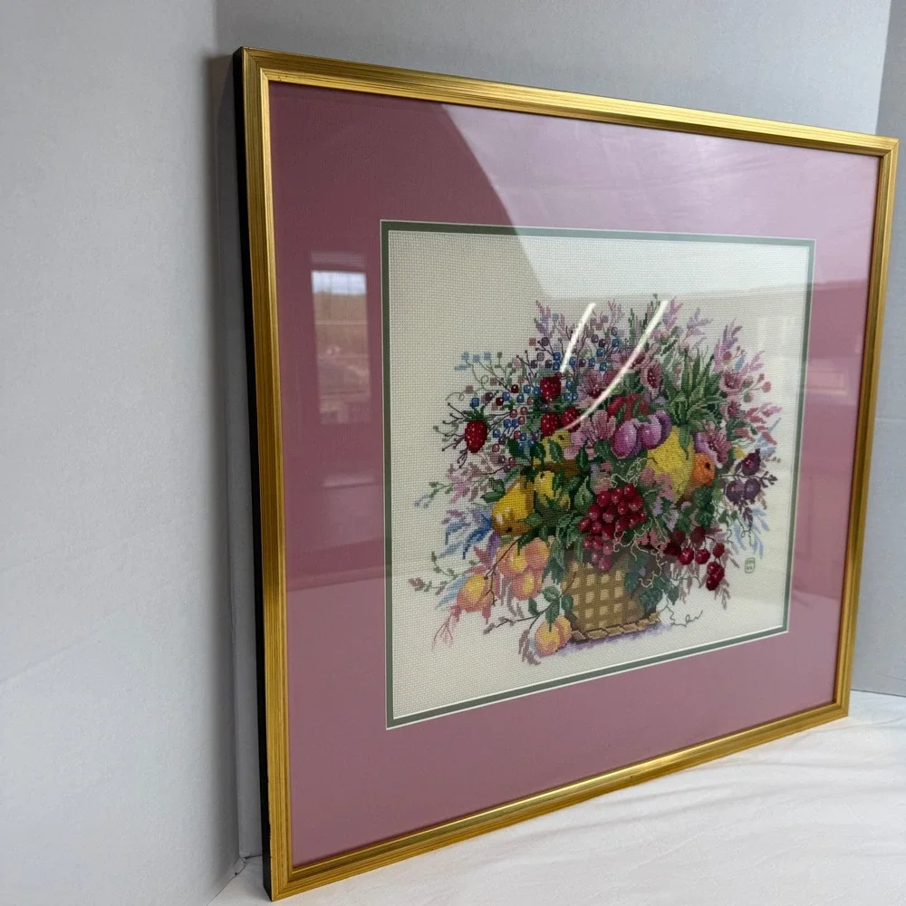 Vintage 1994 Framed Cross Stitch Fruit Basket Floral Embroidery Gold Frame 22.5
